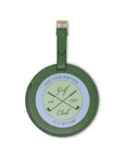 Green round luggage tag with golf club design and text on a white background