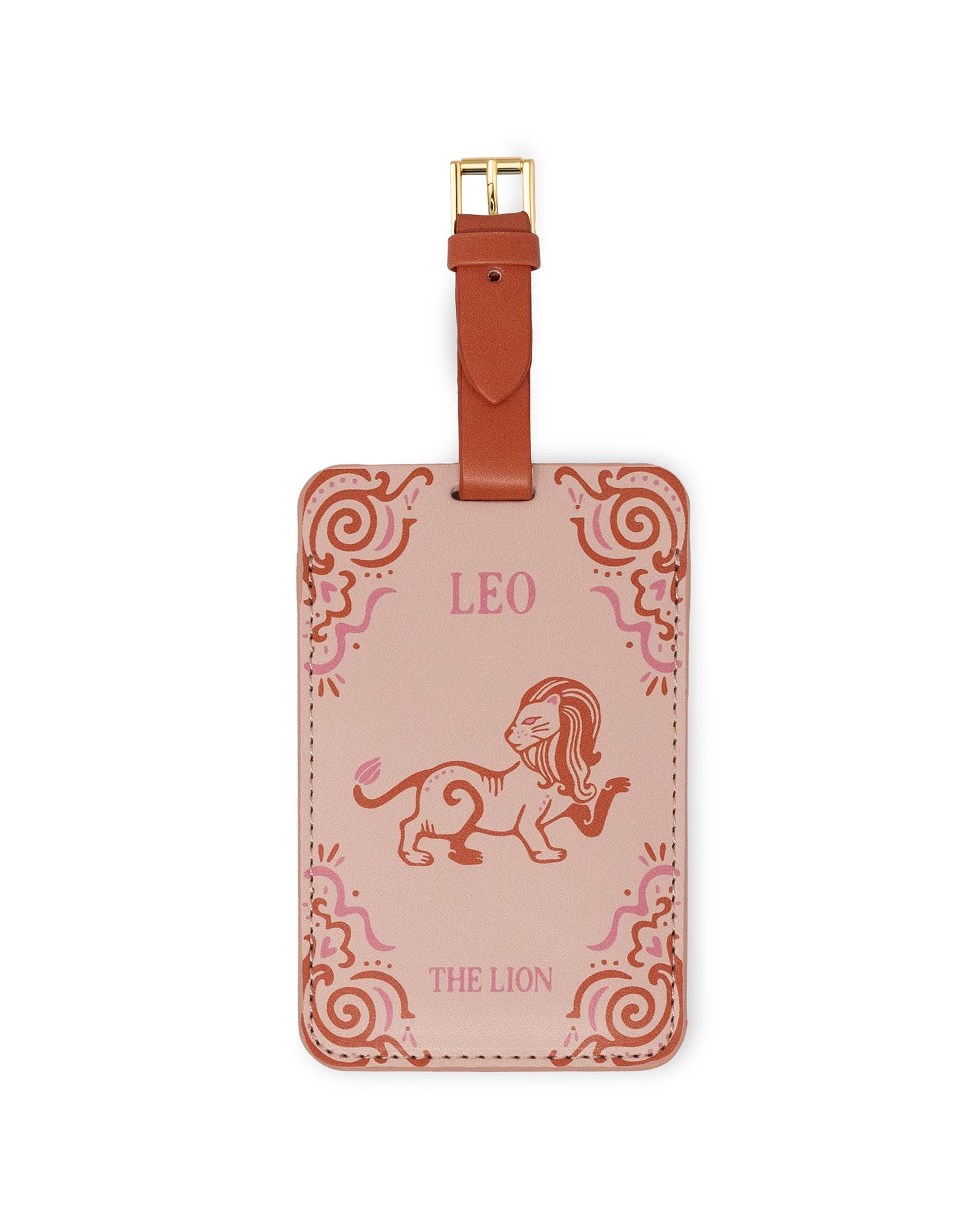 tan/pink luggage tag with 'LEO' and 'THE LIO' with a lion image