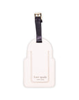 White luggage tag with black strap and 'kate spade new york' branding on a white background