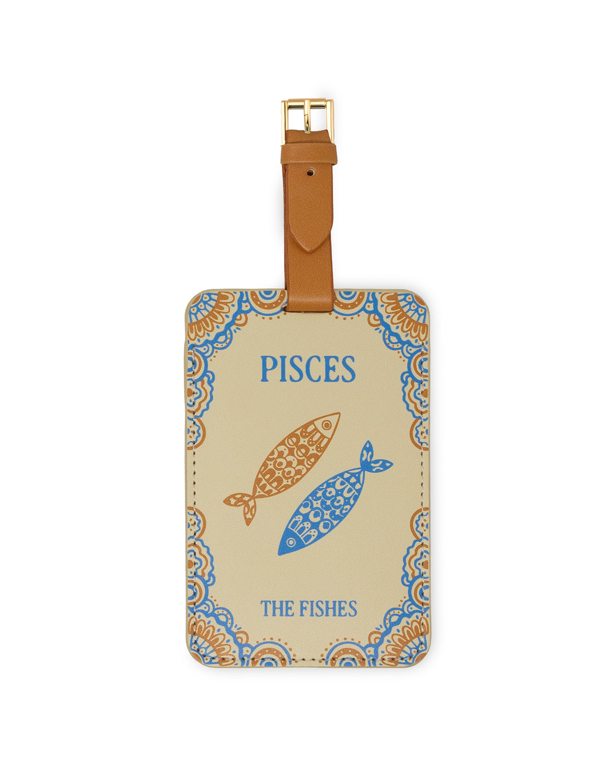 tan luggae tag with 'PISCES' ' THE FISHES' with two fish image