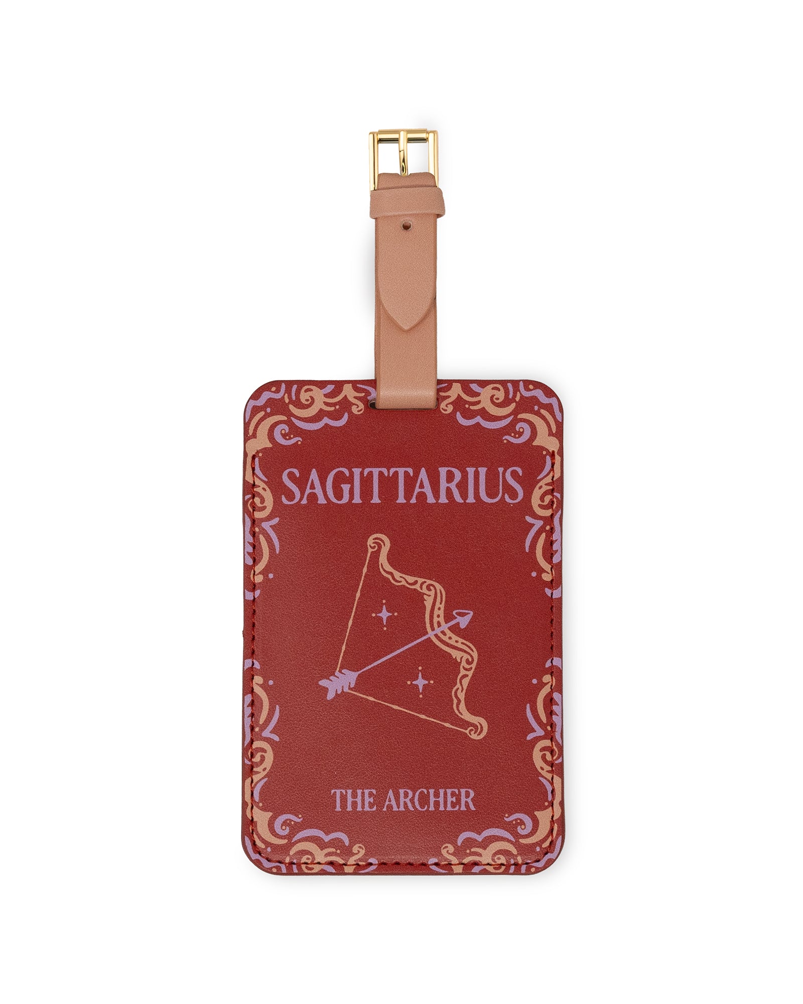 red luggage tag that says 'Sagittarius' and 'THE ARCHER' with archer image