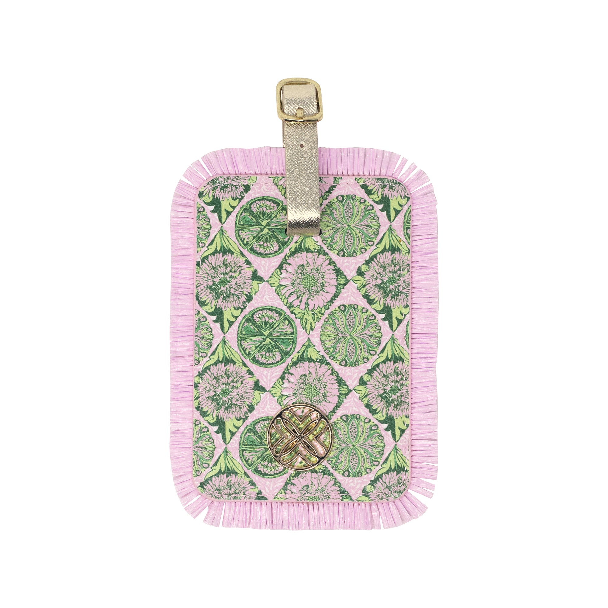 Luggage tag with green and pink pattern on a white background