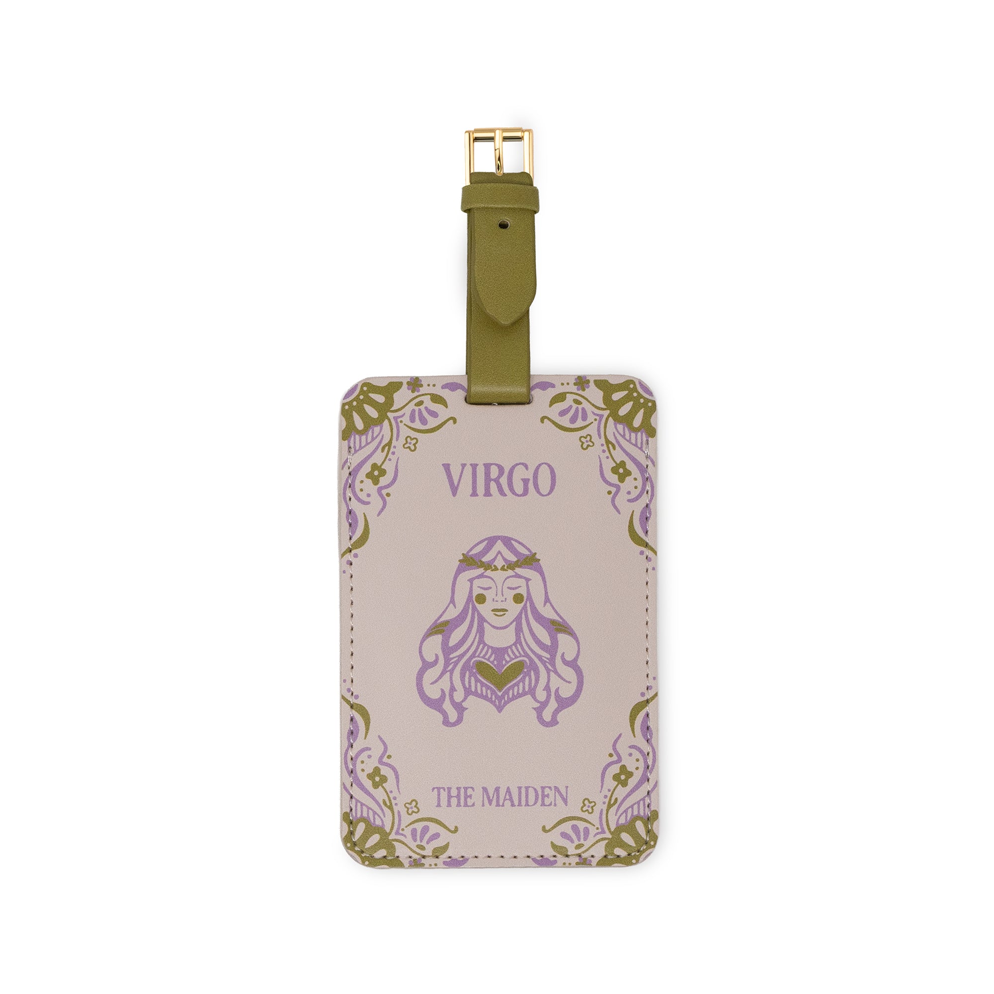 cream luggage tag with green accents that says 'VIRGO' and 'THE MAIDEN' with maiden image
