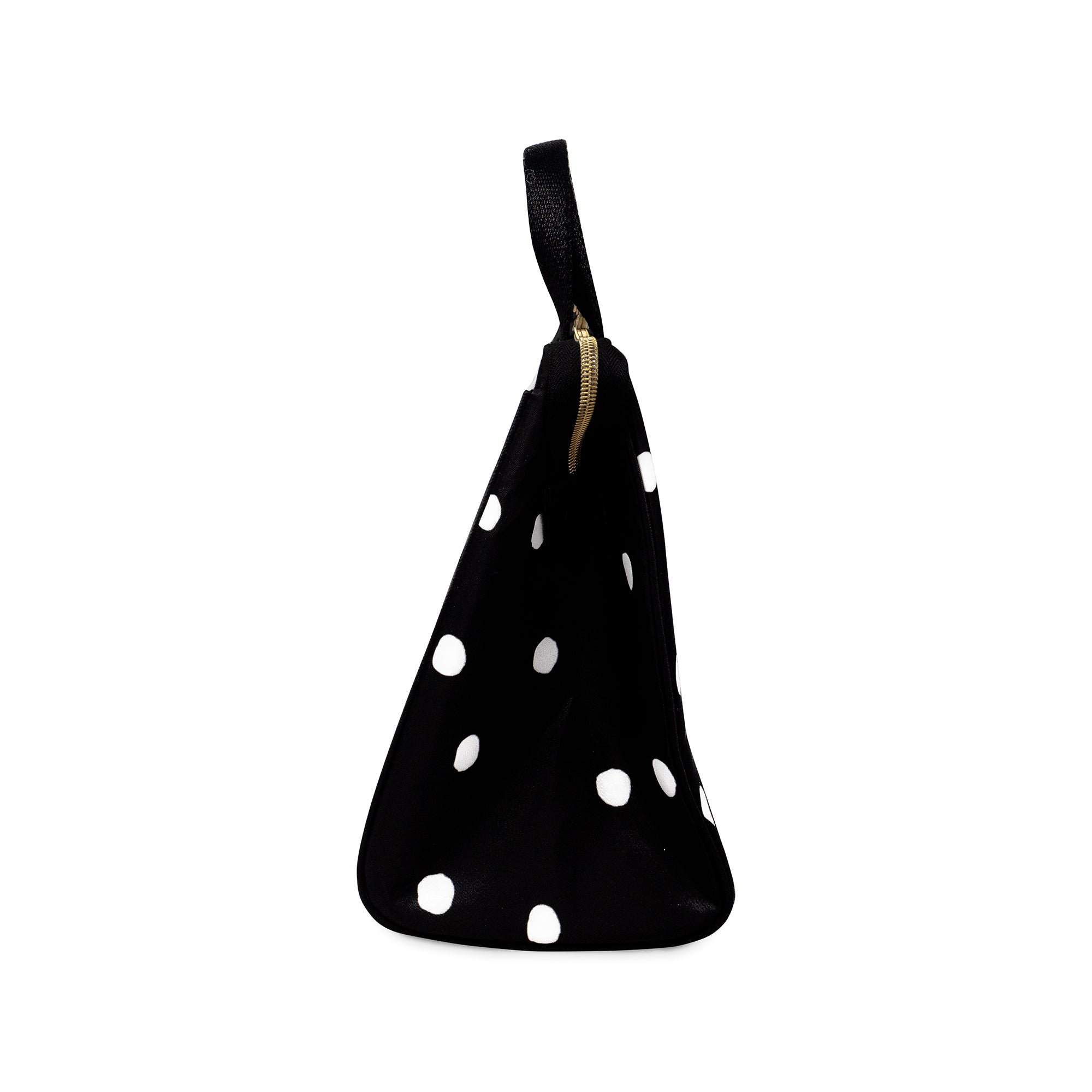 side view of black lunch bag with white polka dots