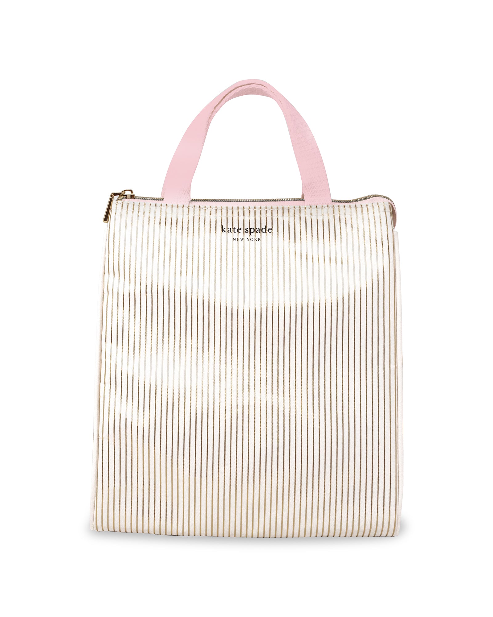 metallic gold and white pinstripe lunch bag with light pink handles