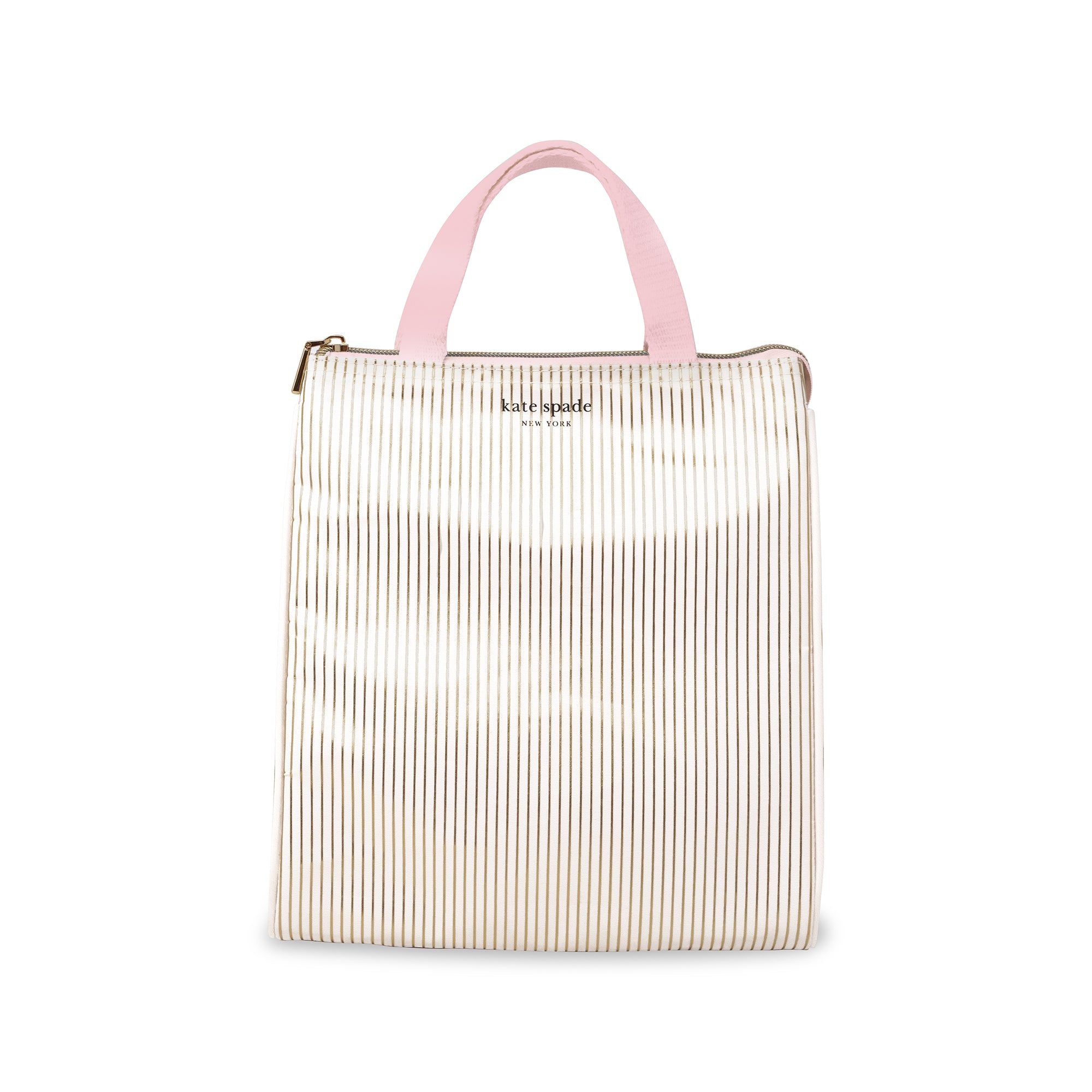 metallic gold and white pinstripe lunch bag with light pink handles