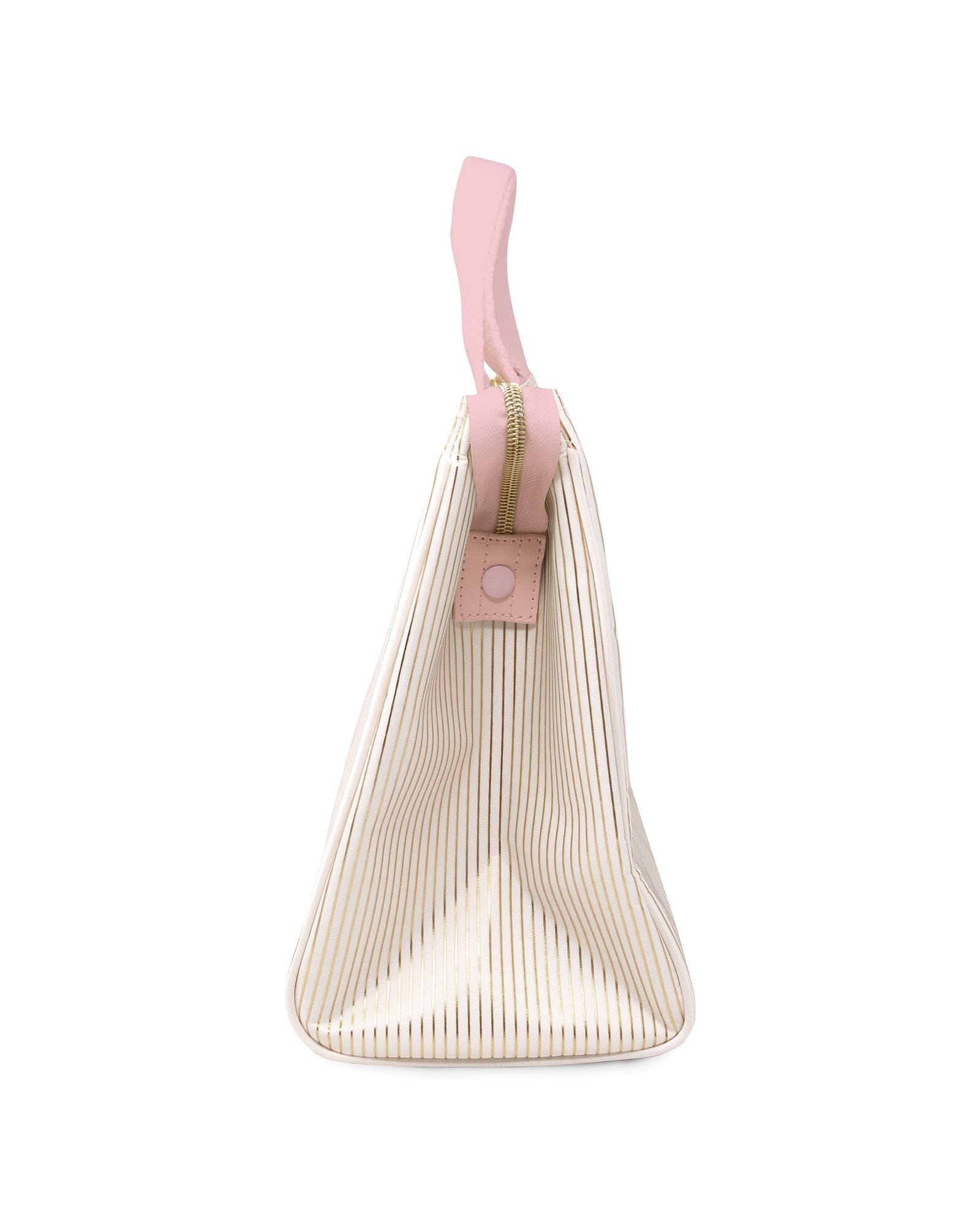 side view of metallic gold and white pinstripe lunch bag with light pink handles