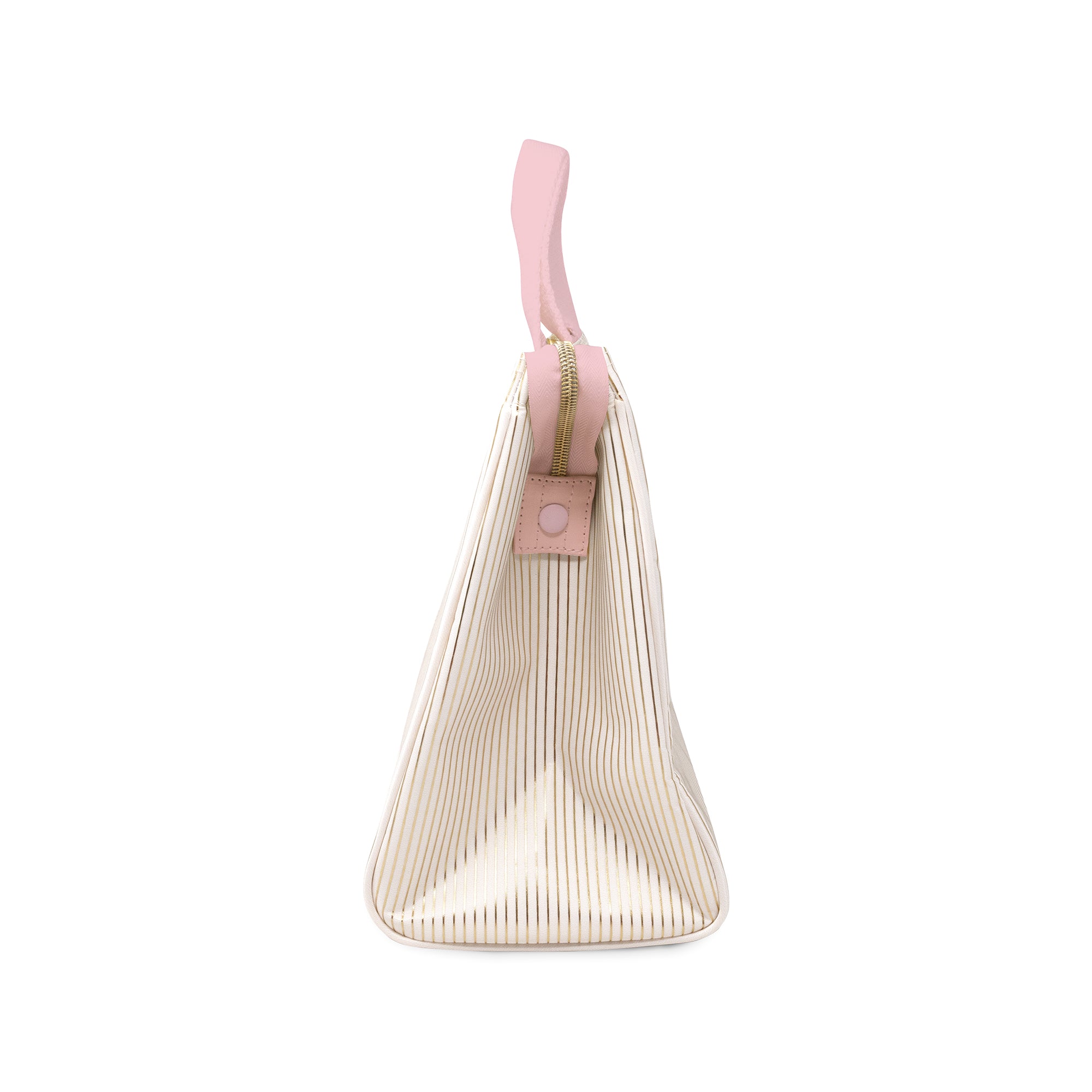 side view of metallic gold and white pinstripe lunch bag with light pink handles