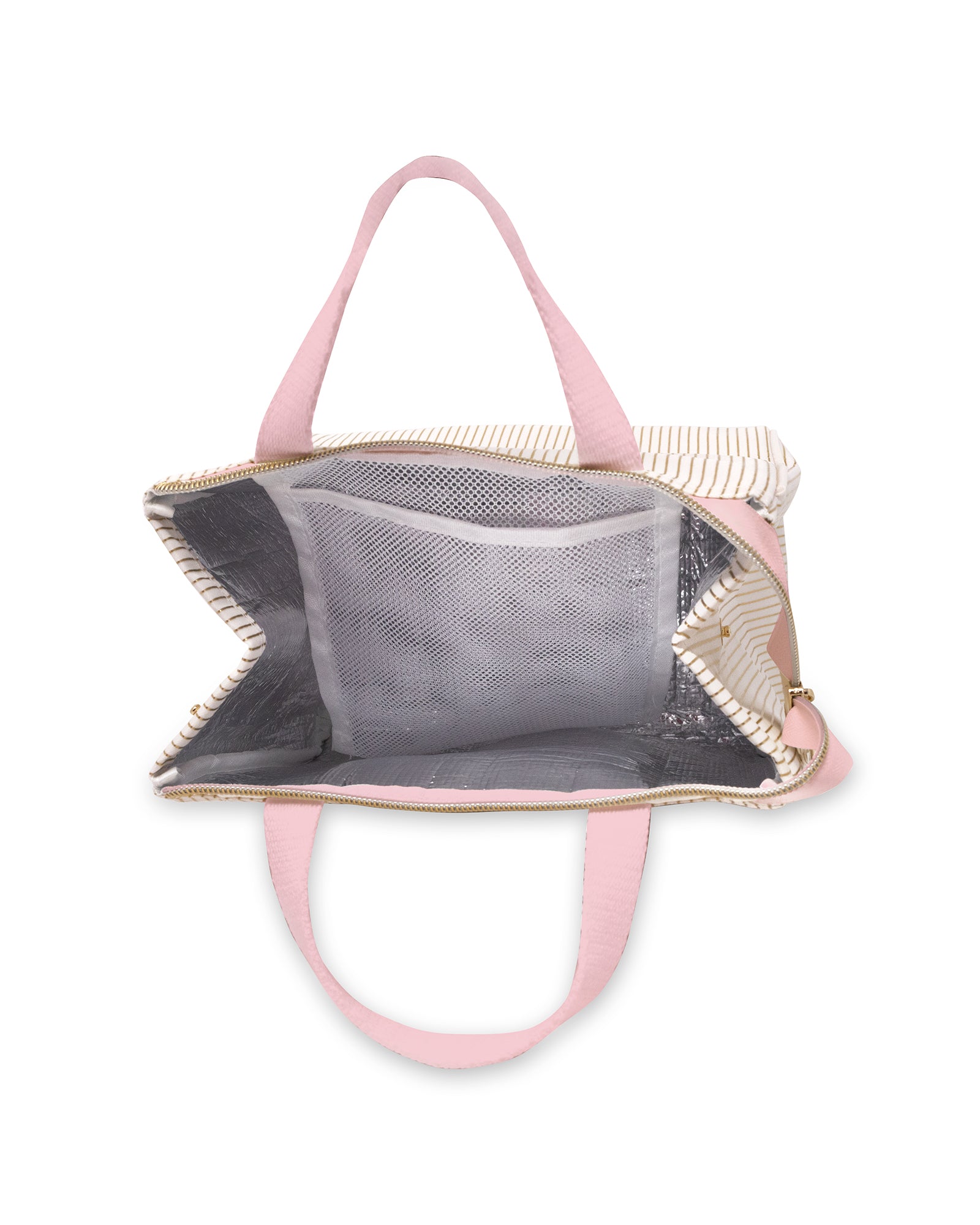 interior of metallic gold and white pinstripe lunch bag with light pink handles