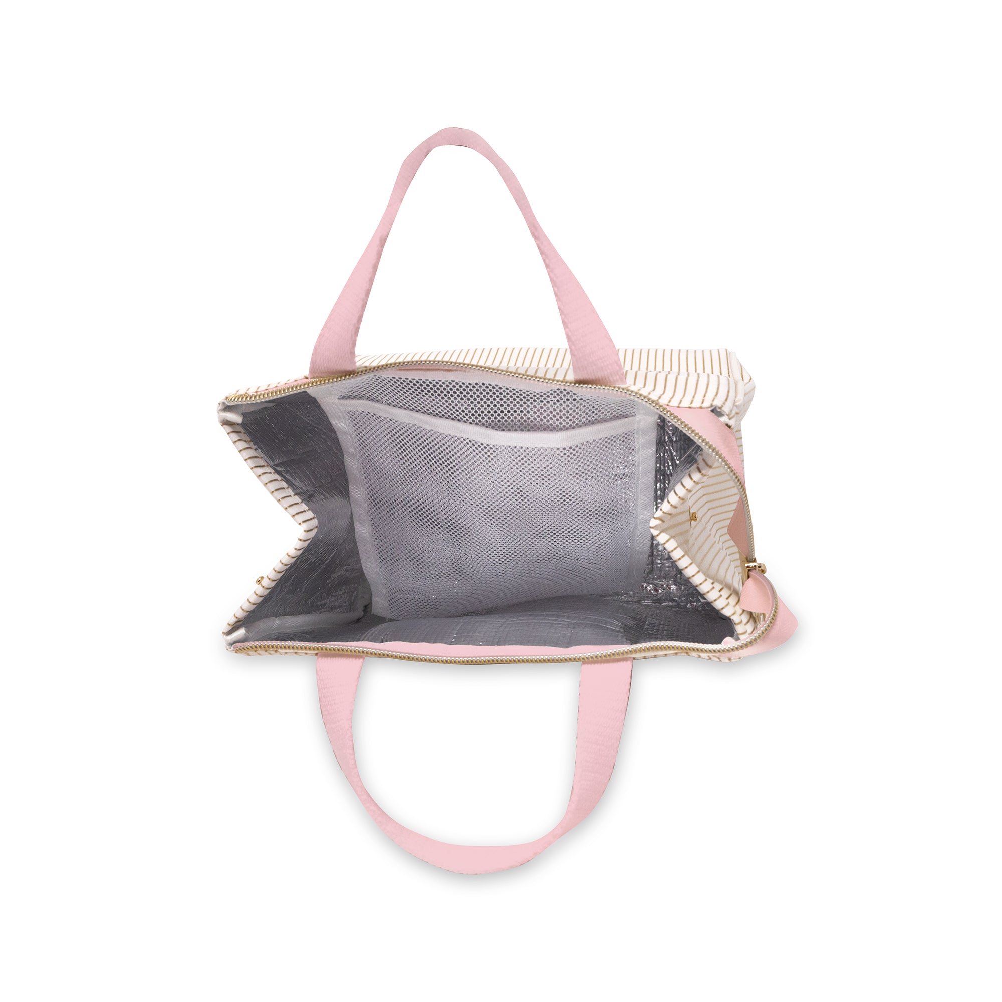 interior of metallic gold and white pinstripe lunch bag with light pink handles