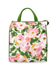 Floral patterned bag with green handles on a white background
