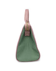 Green bag with pink strap and zipper on a white background