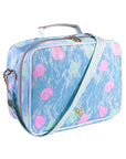 Blue cosmetic bag with pink seashell pattern on a white background