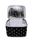 Insulated cooler bag with polka dot pattern on a white background
