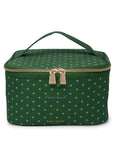 Green polka dot lunch bag with gold zipper and 'kate spade' branding on a white background