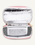 Insulated cooler bag with pink exterior and silver interior on a white background