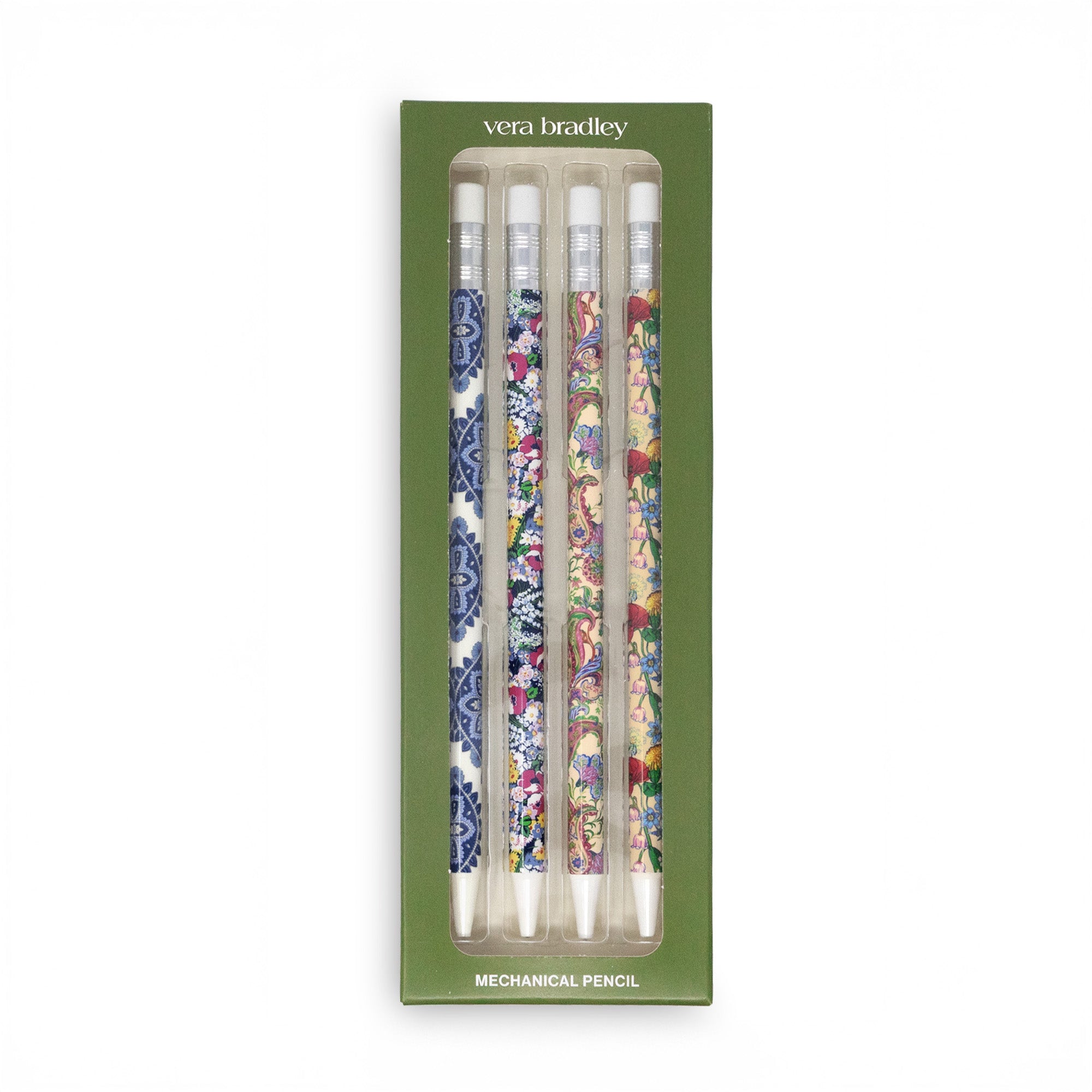 packaged 4 mechanical pencils with floral designs on a white background