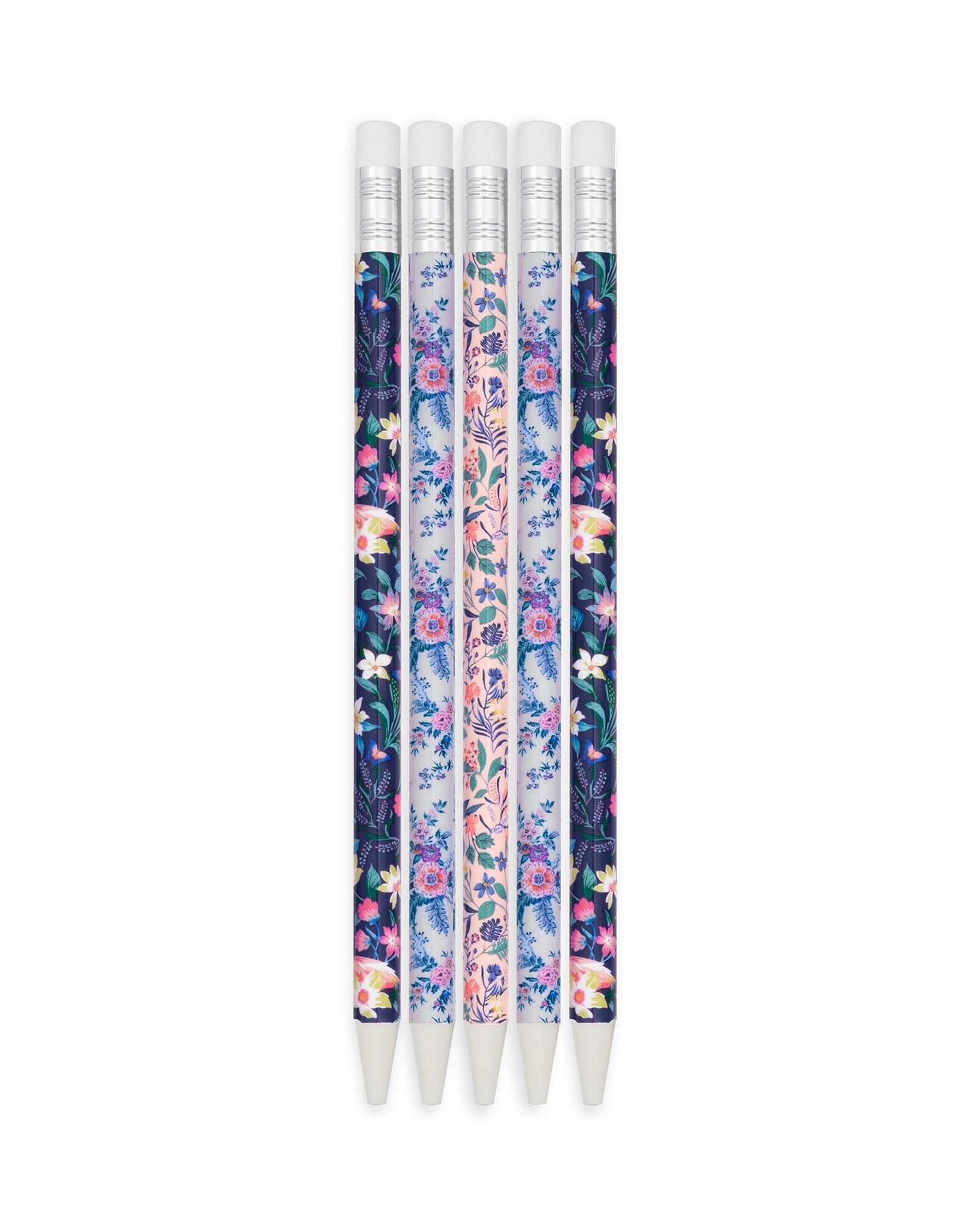 Set of five floral-patterned pencils on a white background