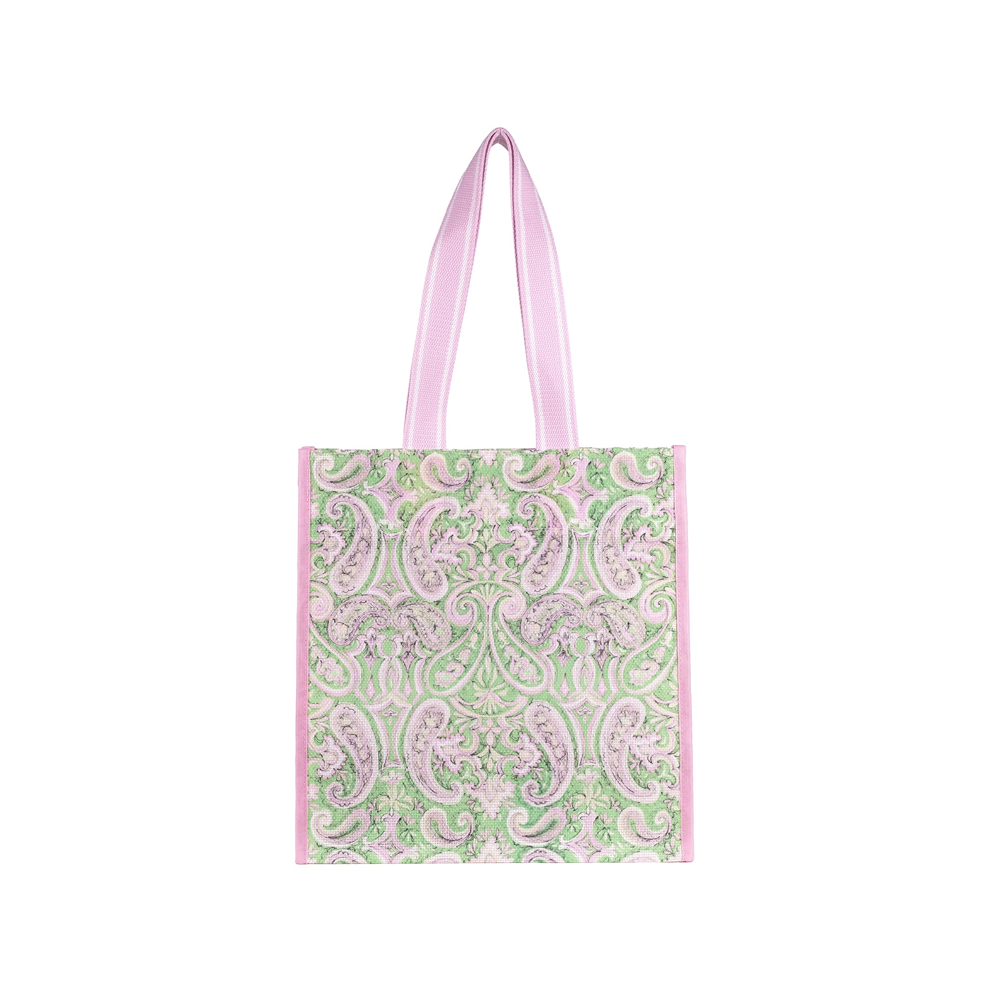 A light green and pink patterned reusable shopper bag with pink handles, shown on a plain white background.
