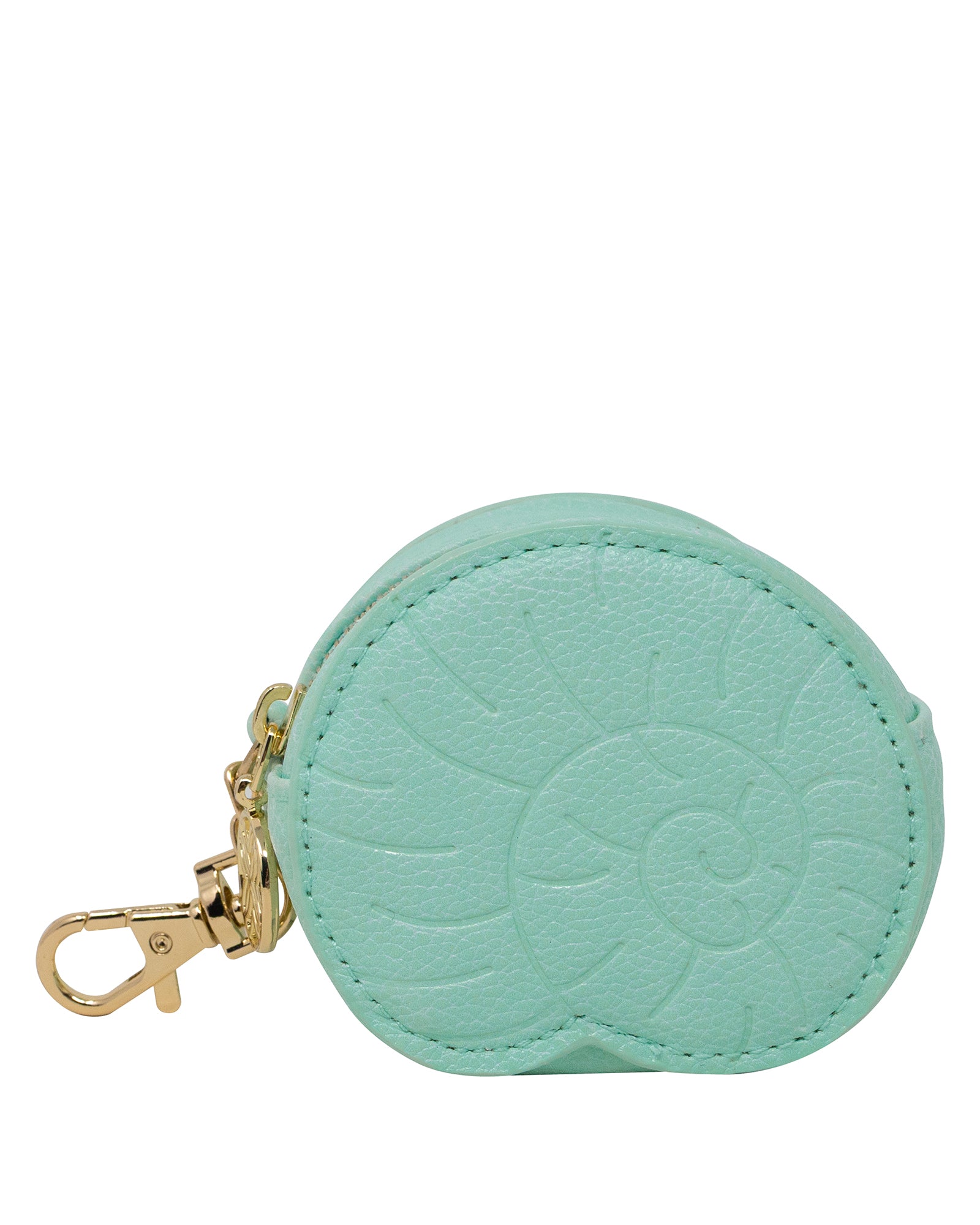 Mint green round coin purse with gold zipper on a white background