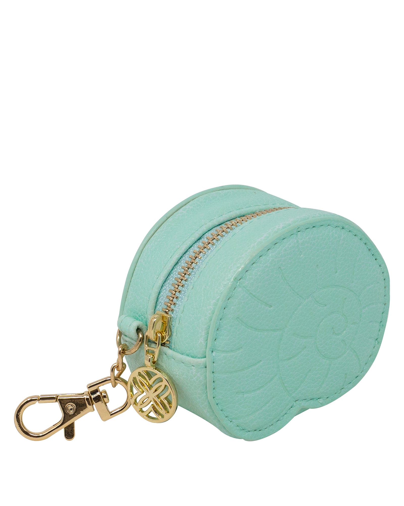 Turquoise round pouch with gold zipper and clasp on a white background