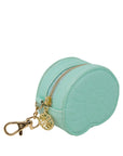 Turquoise round pouch with gold zipper and clasp on a white background