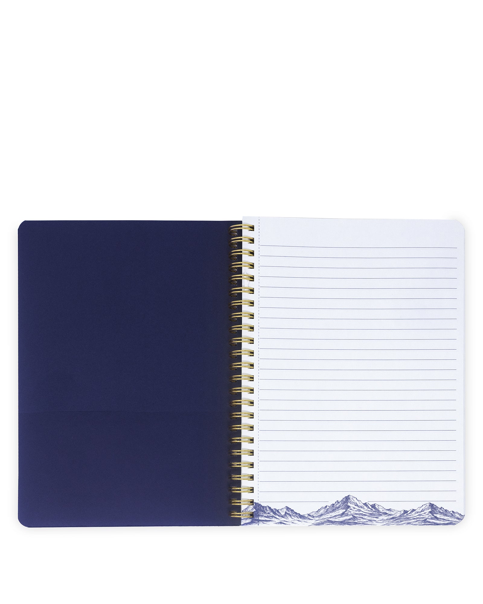 Open notebook with blue cover and white lined pages on a white background