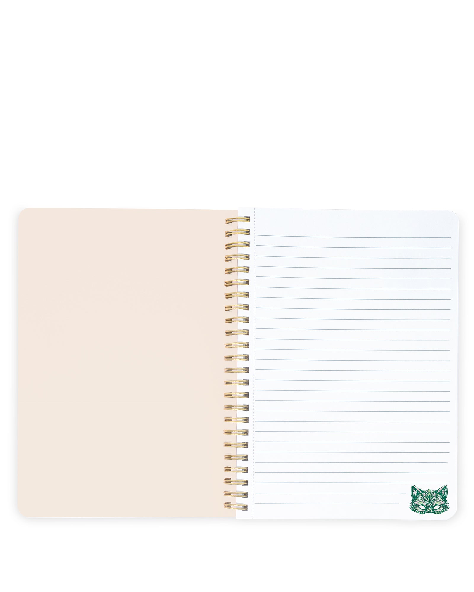 Open notebook with beige cover and white lined pages on a white background