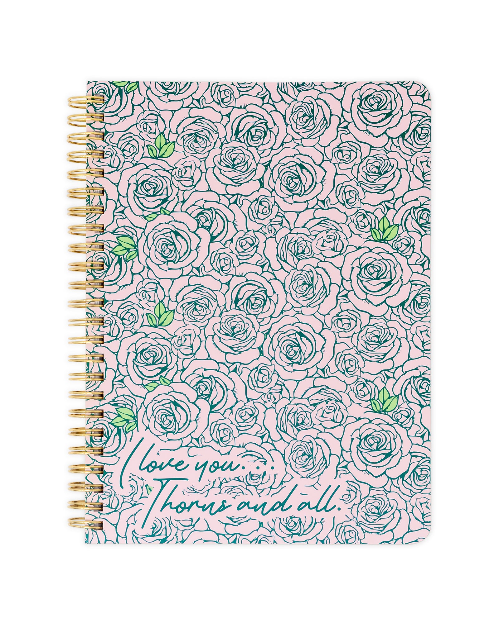 Notebook with rose pattern and 'I love you more and all' text on a white background