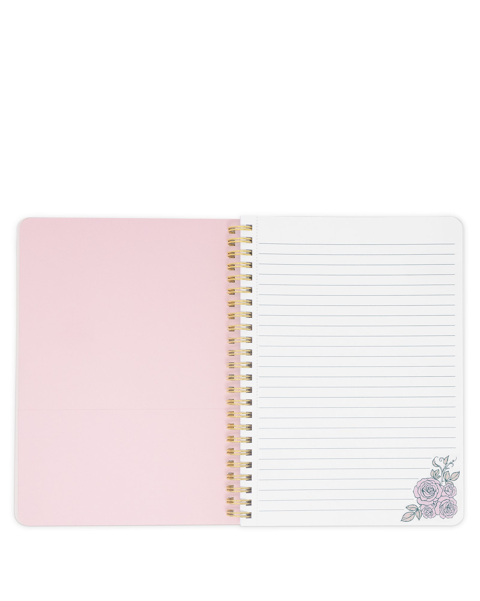 Open notebook with pink cover and white pages on a white background