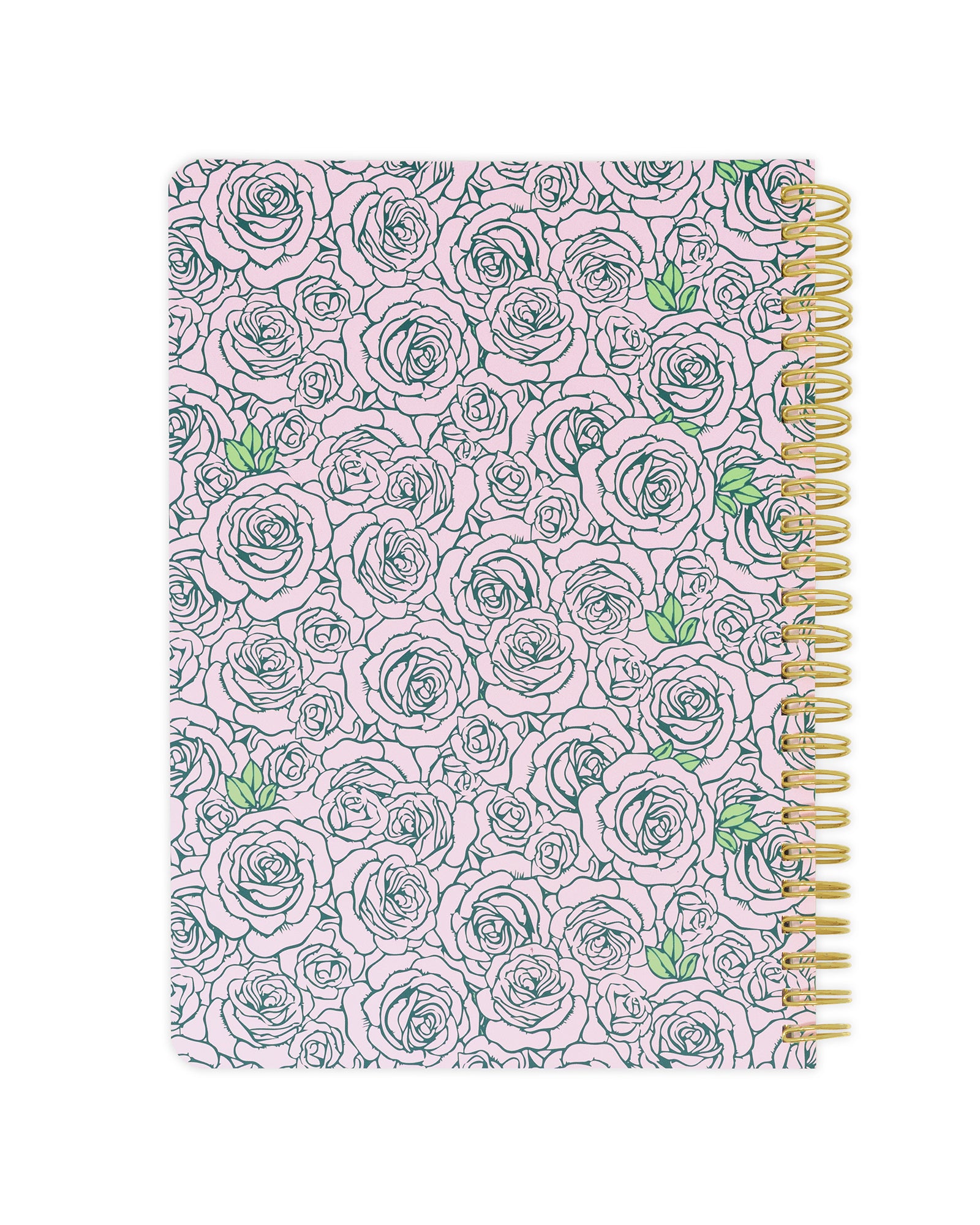 Notebook with floral pattern and gold coil binding on a white background