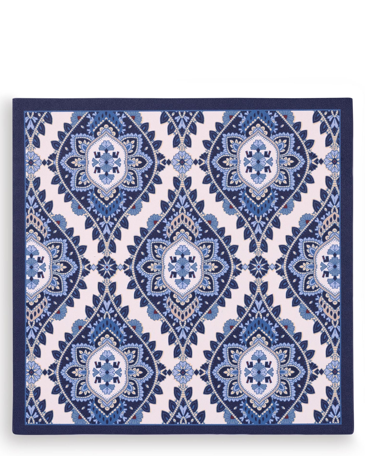 Blue and white patterned mouse pad on a white background