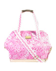 pink and white floral print cooler bag with whit strap with ric rac detail and gold bottom