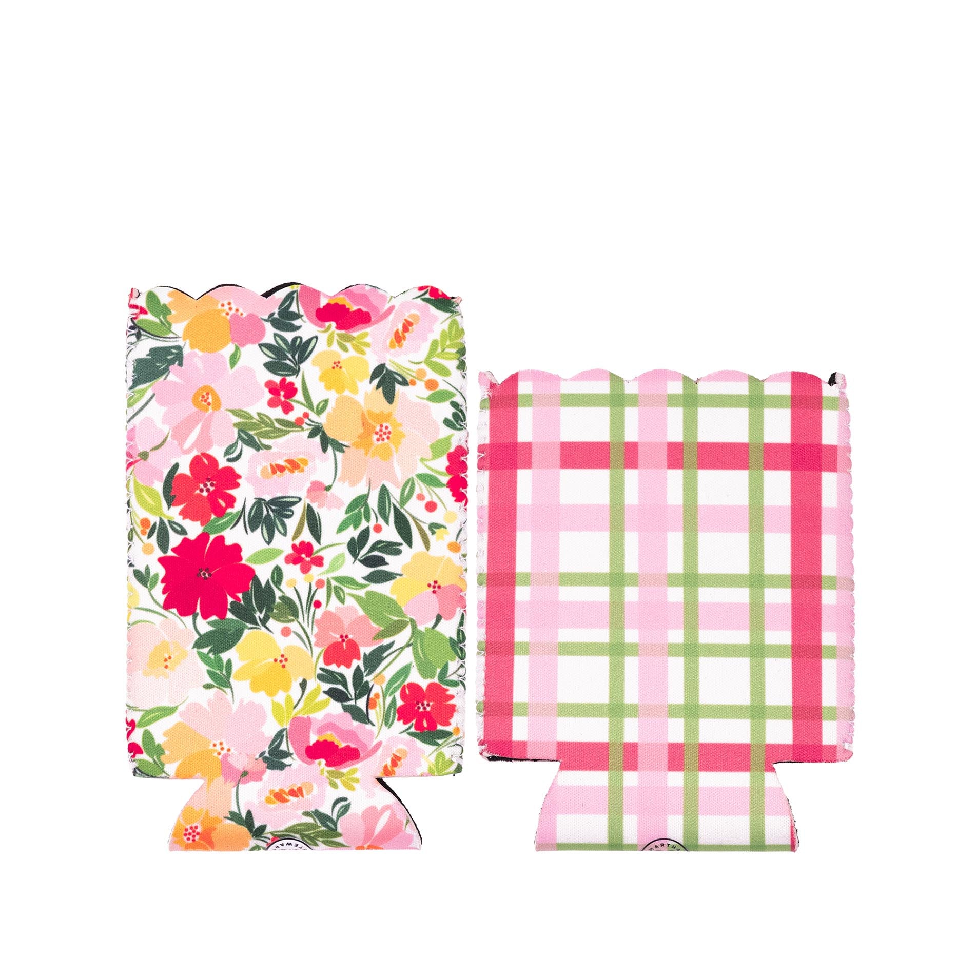 Two can coolers with floral and plaid designs on a white background