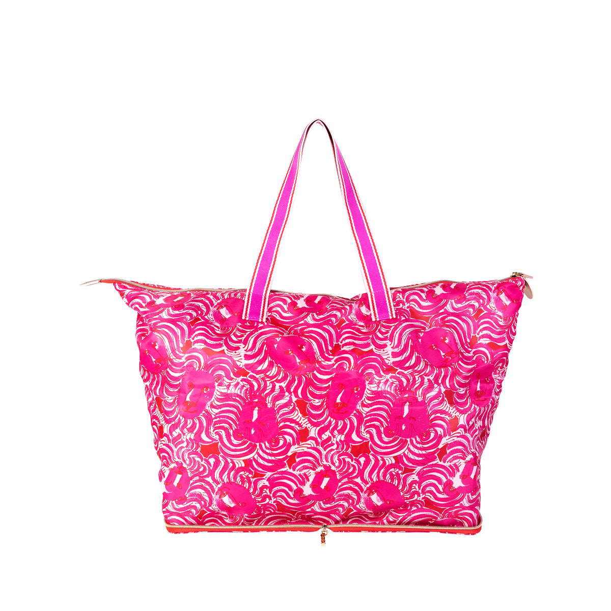 A bright pink tote bag with a white wavy floral pattern and matching pink shoulder straps, shown against a plain white background.