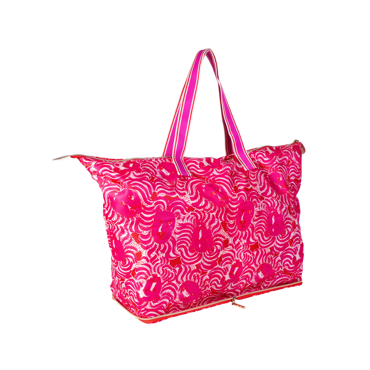 A bright pink tote bag with a white wavy floral pattern, featuring dual pink-and-white striped shoulder straps and a zippered closure, shown on a plain white background.