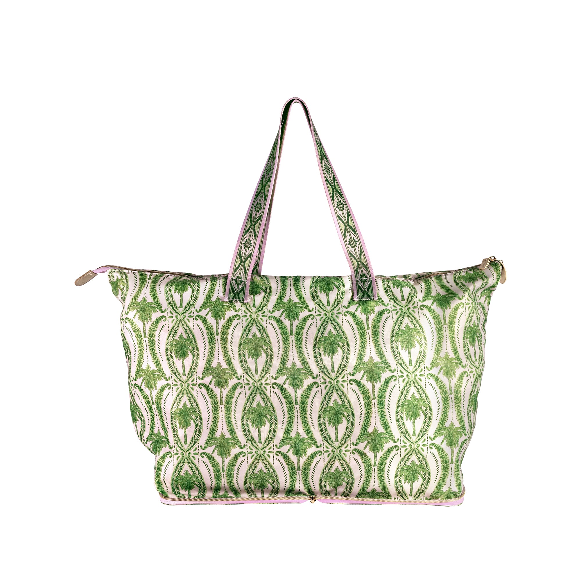 A green and white patterned tote bag with pink trim and handles, shown against a plain white background.