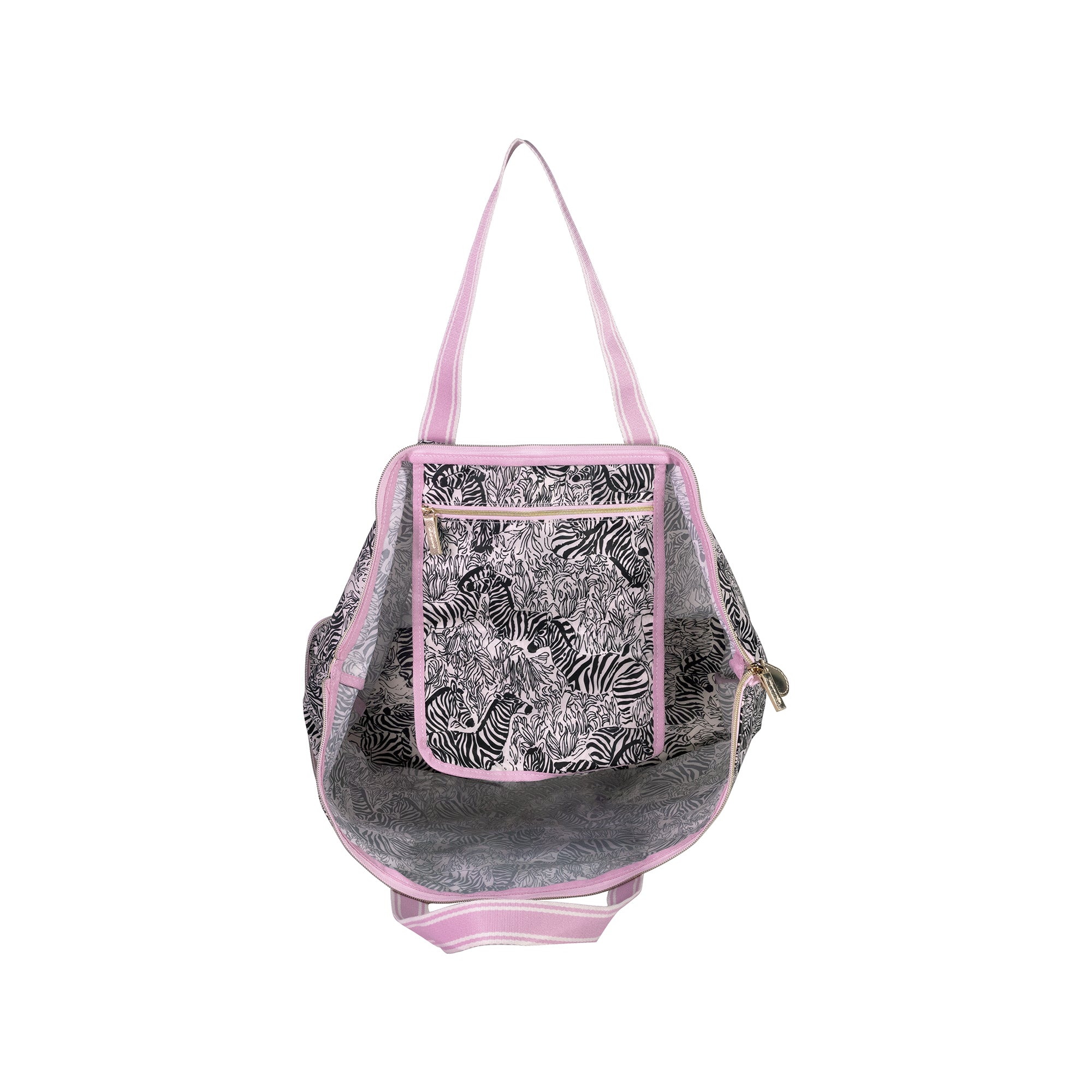 A gray and black zebra-patterned tote bag with pink trim and handles, shown against a plain white background.