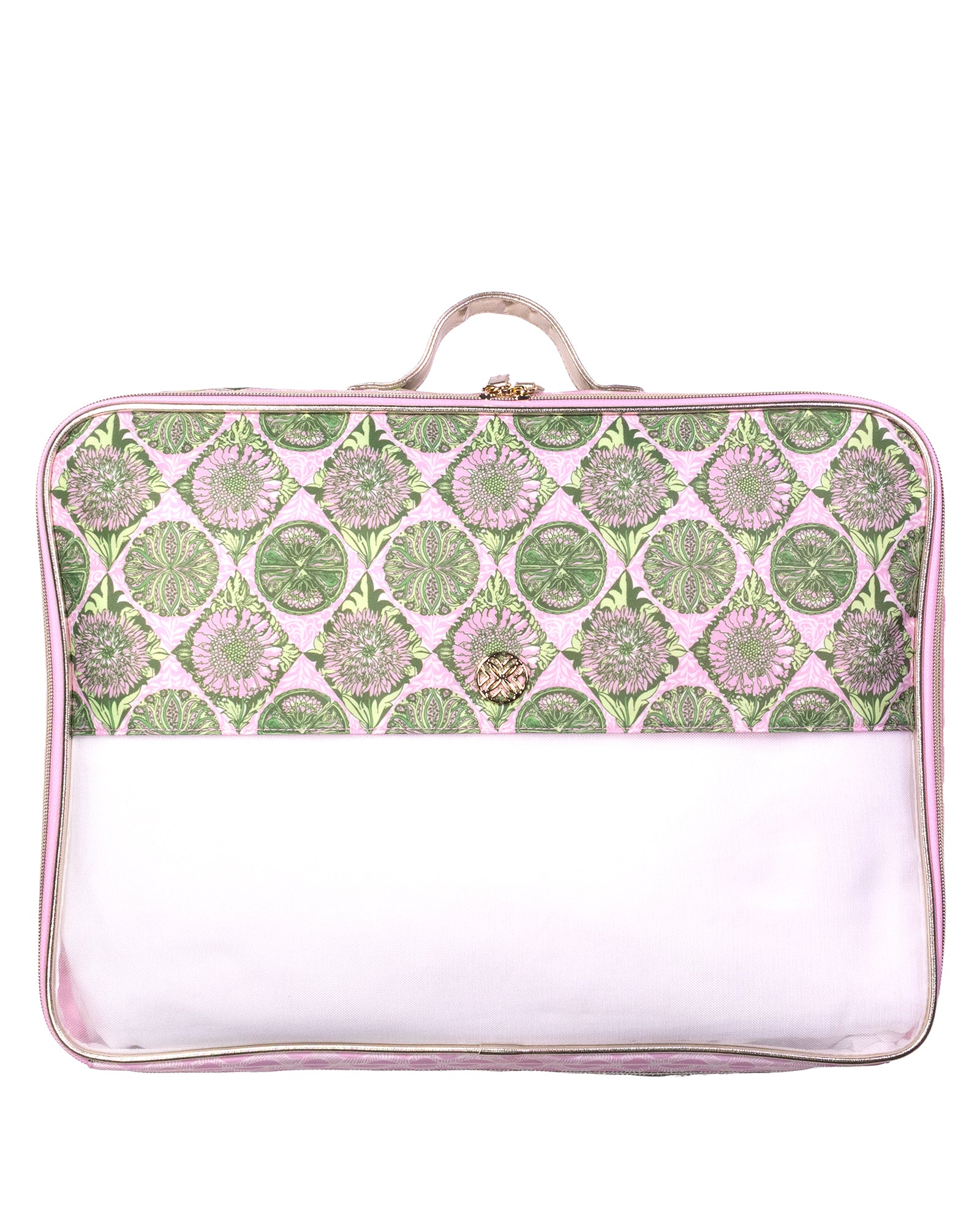 A rectangular travel luggage bag with a top handle, featuring a pink and green floral patterned upper half and a clear, transparent lower half, set against a plain white background.