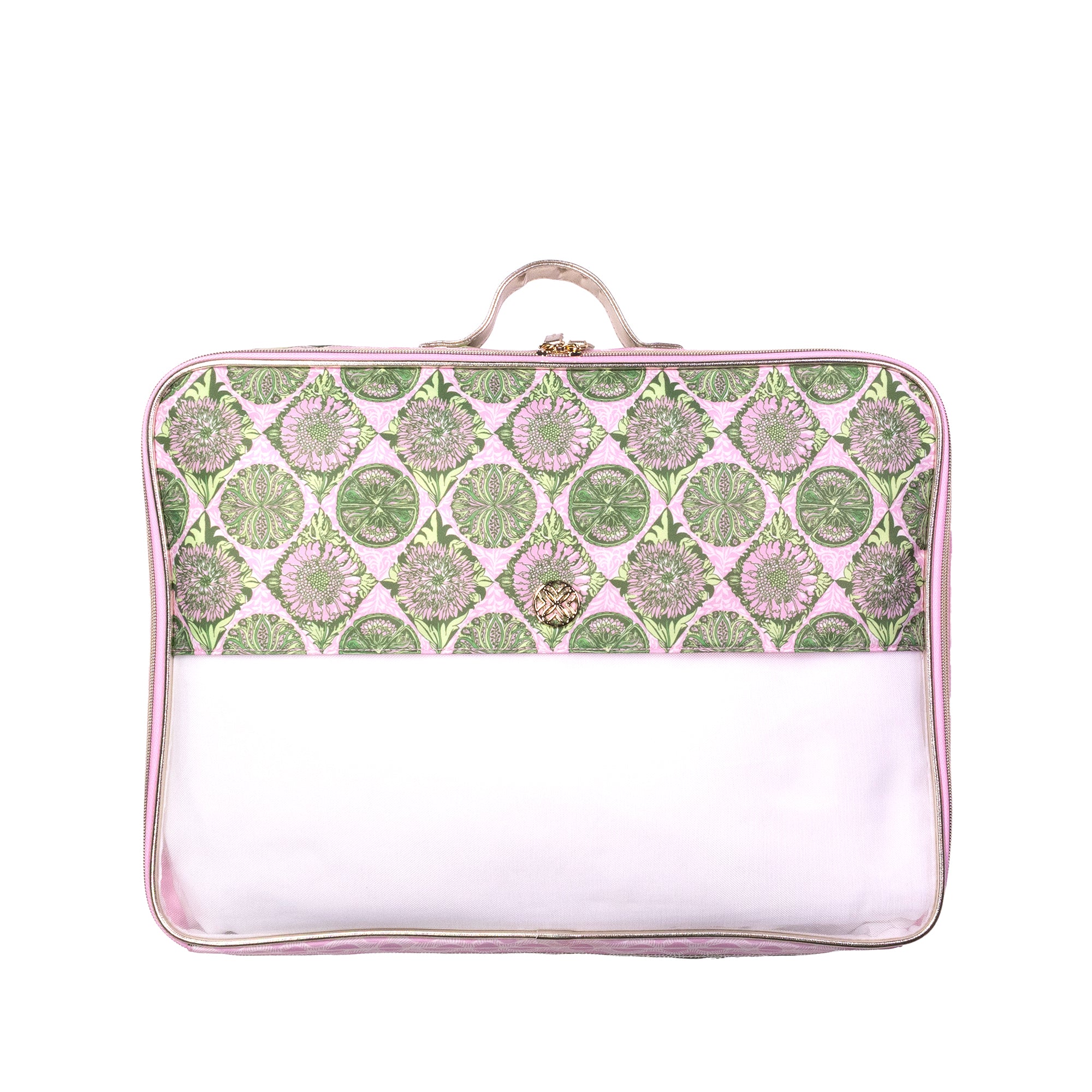 A rectangular travel luggage bag with a top handle, featuring a pink and green floral patterned upper half and a clear, transparent lower half, set against a plain white background.