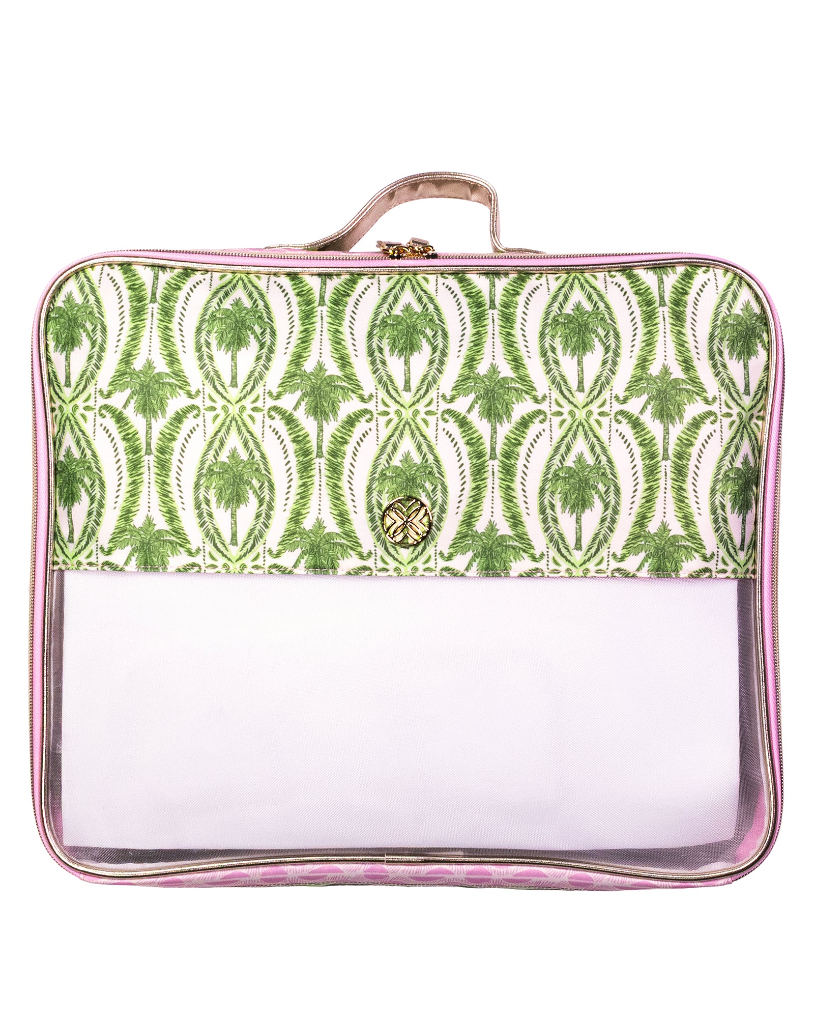 A rectangular zippered travel pouch with a top handle, featuring a green and white palm tree pattern on the upper half and a clear plastic lower half, finished with pink trim.