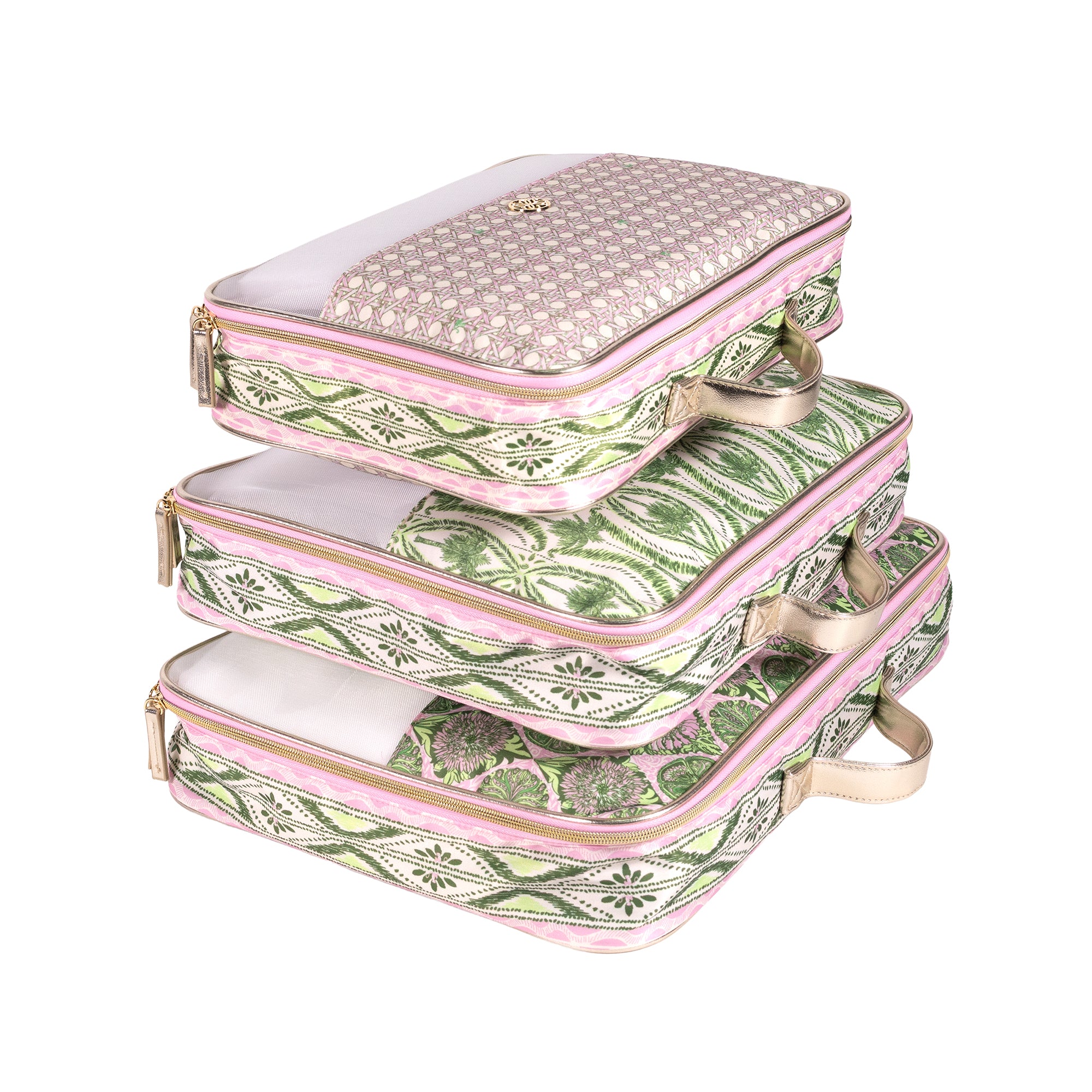 Three stacked zippered travel pouches with patterned fabric exteriors and light pink interiors, shown on a plain white background.