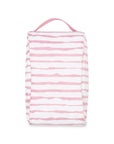 Pink and white striped bag on a white background