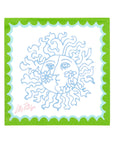 Design of a sun and moon face with a green border on a white background