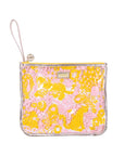 Pink and yellow floral patterned pouch with a strap on a white background