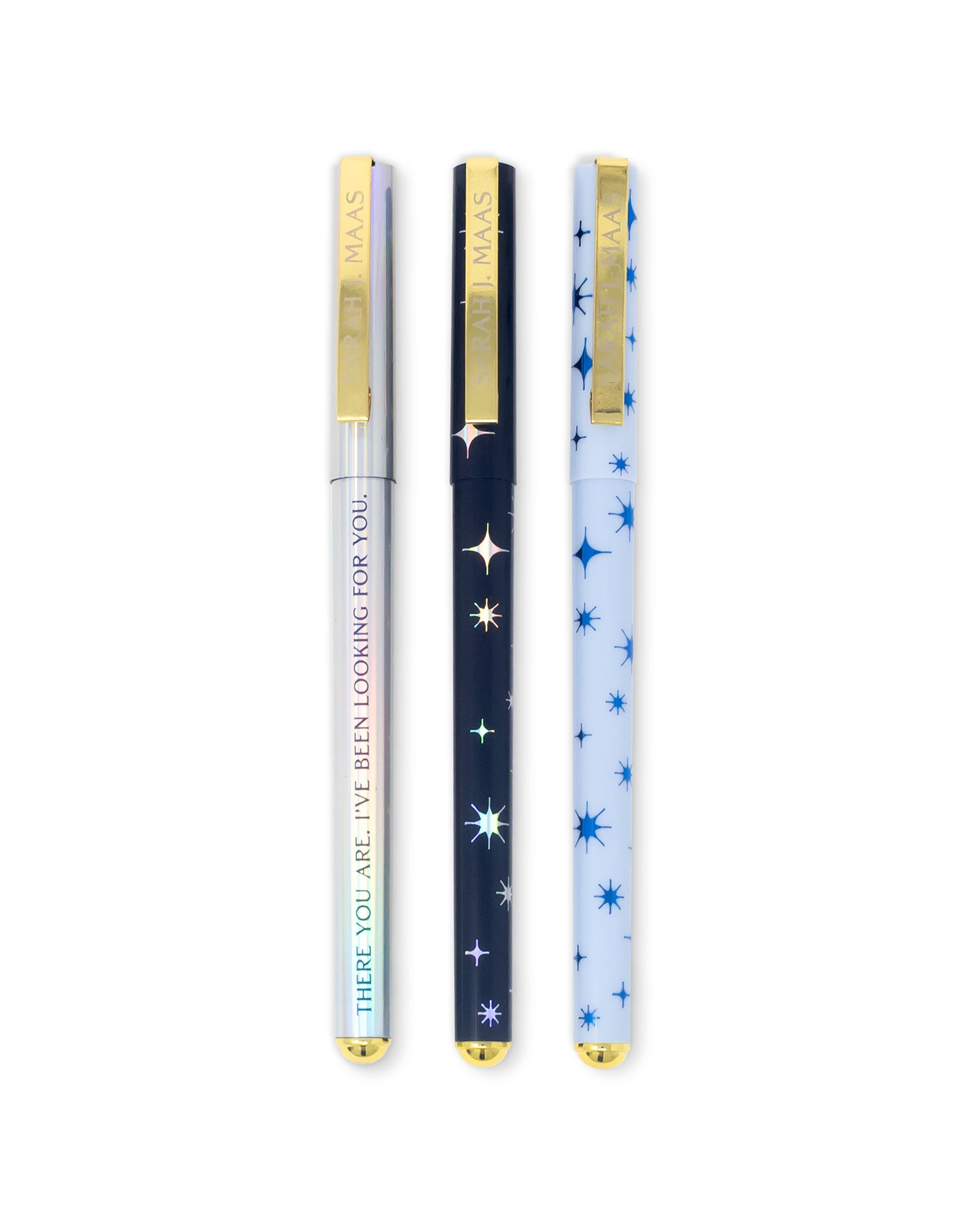 Three decorative pens with star patterns on a white background