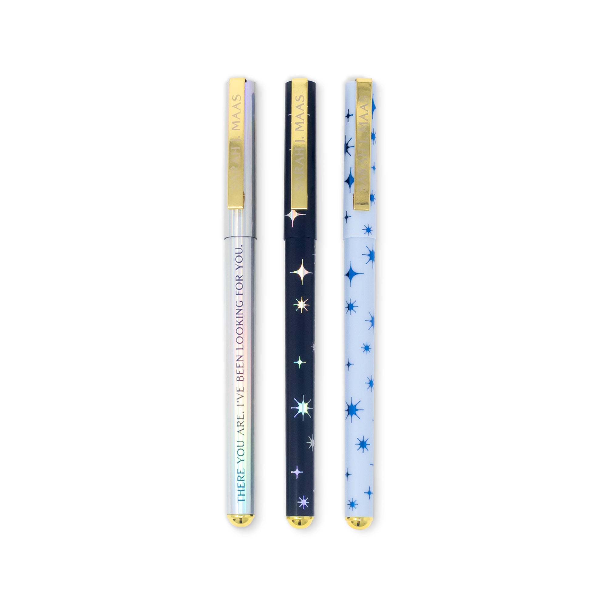 Three decorative pens with star patterns on a white background