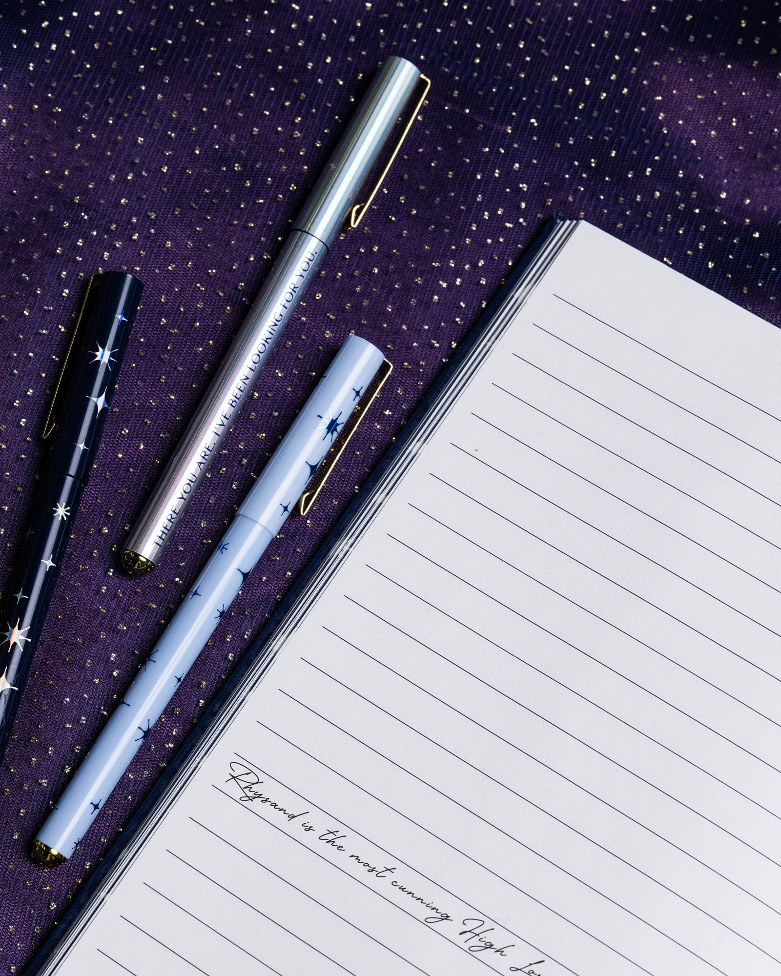 set of three night court pens. purple stars, periwinkle stars and 'here you are. i've been looking for you' quote