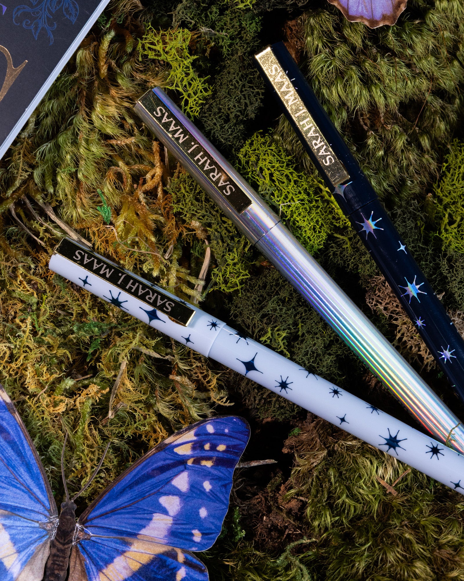 set of three night court pens. purple stars, periwinkle stars and 'here you are. i've been looking for you' quote on moss