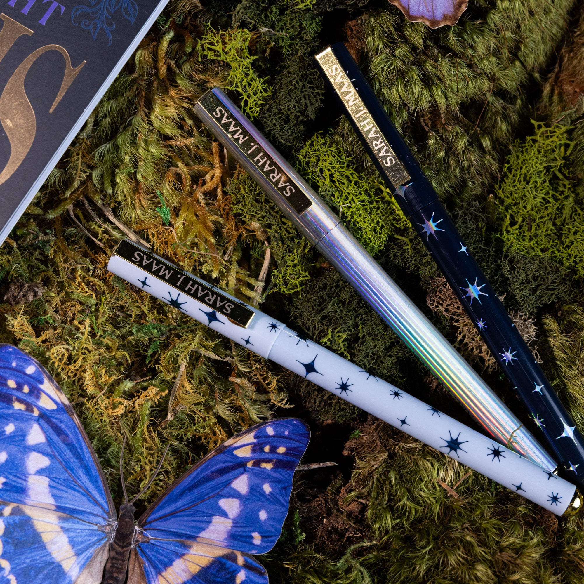 set of three night court pens. purple stars, periwinkle stars and 'here you are. i've been looking for you' quote on moss